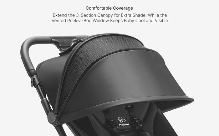 Black stroller with canopy and vented window on a white background