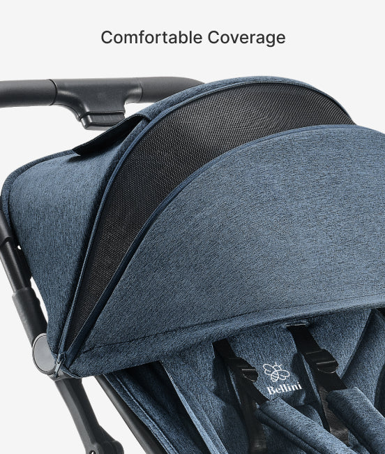 Blue stroller with a comfortable canopy, featuring the Bellini brand logo.