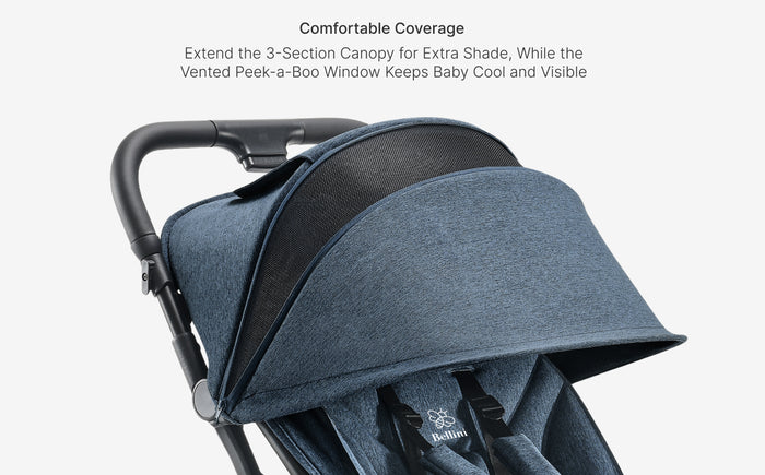 Blue baby stroller with canopy and text about comfort and visibility