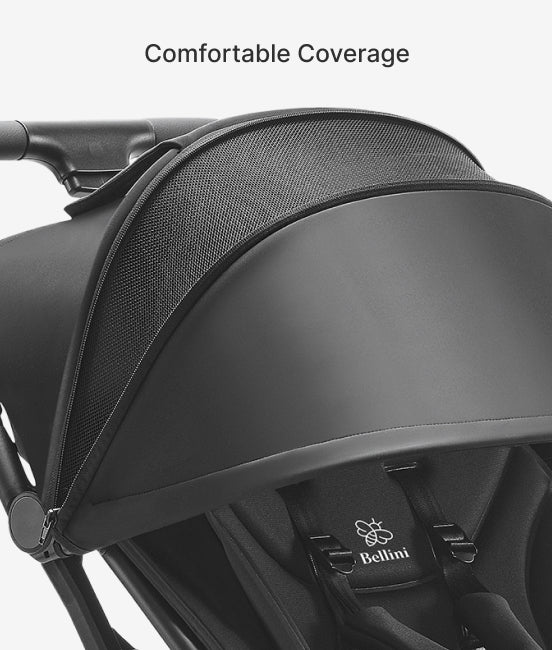 Black stroller with comfortable coverage feature, featuring the Bellini brand logo.
