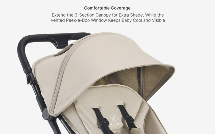 Beige stroller with canopy and window on a white background