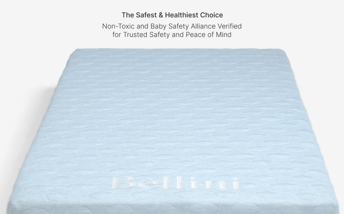 Blue mattress with text about safety and health on a white background