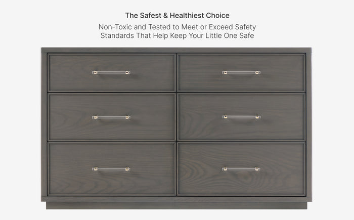 Gray dresser with six drawers on a white background, emphasizing safety and healthiness.