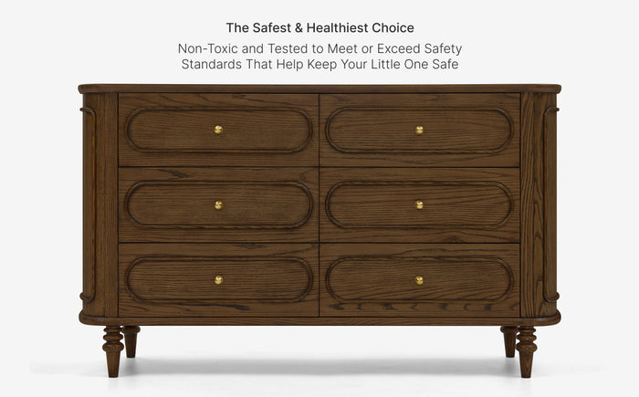Wooden dresser with six drawers on a white background