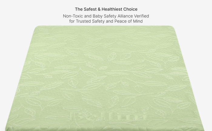 Green mattress with text about safety and health on a white background
