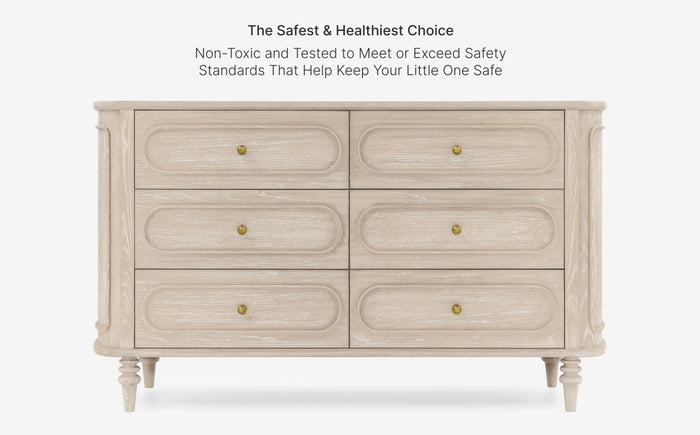 Light wooden dresser with gold knobs on a white background, featuring text about safety and health.