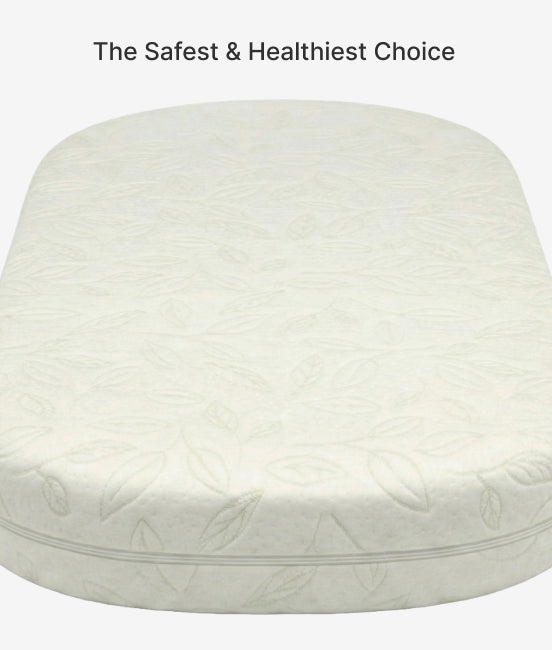White quilted mattress pad with text 'The Safest & Healthiest Choice' on a white background