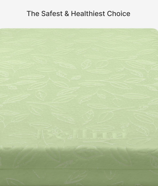 Green mattress with 'Belifa' branding and text 'The Safest & Healthiest Choice'.