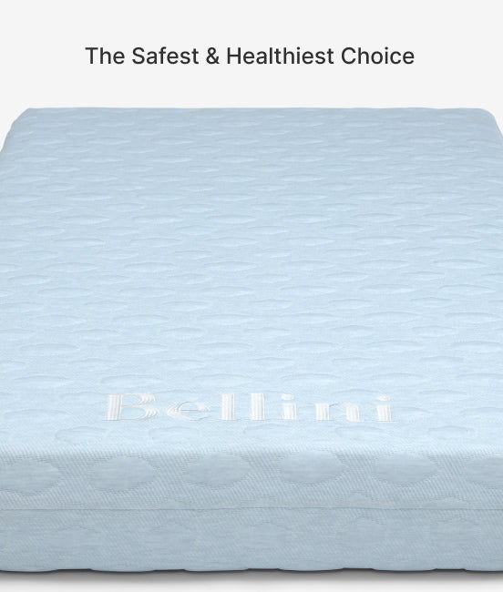Blue mattress with 'Bellini' branding and text 'The Safest & Healthiest Choice' above it.