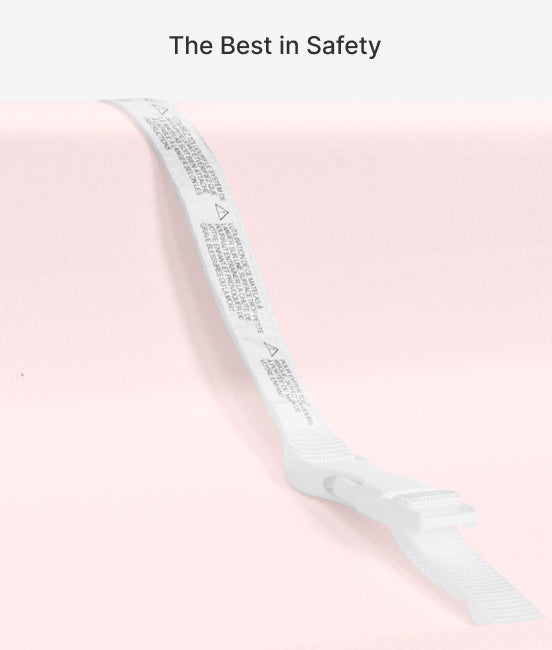 White safety belt with text on a pink background, featuring the text 'The Best in Safety'.