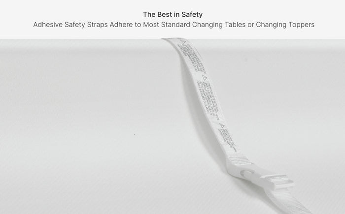 White adhesive safety strap on a light gray background with text about its use.