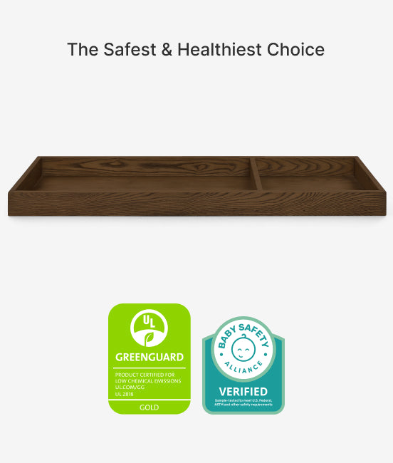 Wooden shelf with GreenGuard Gold and Baby Safety Alliance verified badges on a white background