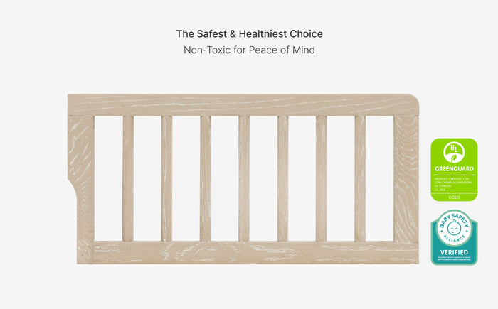 Wooden baby crib safety gate with GreenGuard certification on a white background