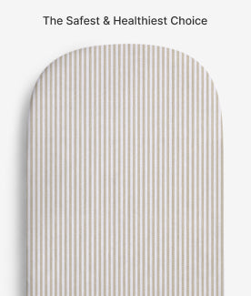 Striped mattress cover with text 'The Safest & Healthiest Choice' on a white background