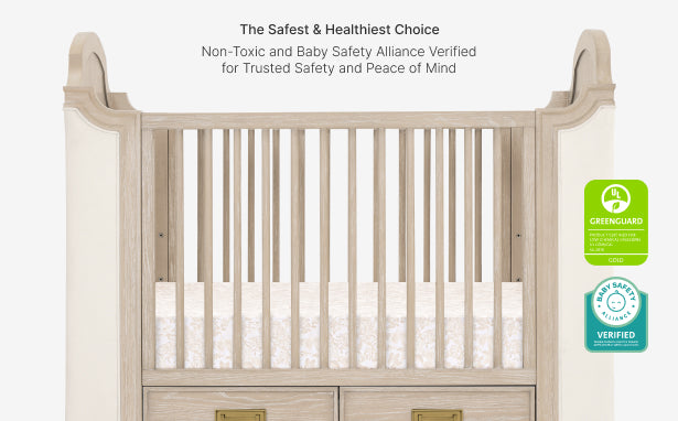 Wooden crib with safety certification logos on a white background