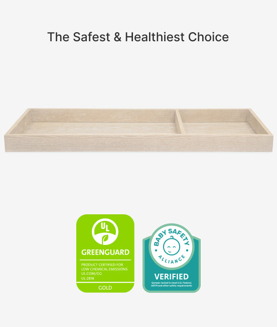 Wooden shelf with GreenGuard Gold and Baby Safety Alliance verified labels on a white background