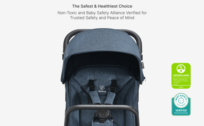 Blue baby stroller with safety certification logos on a white background