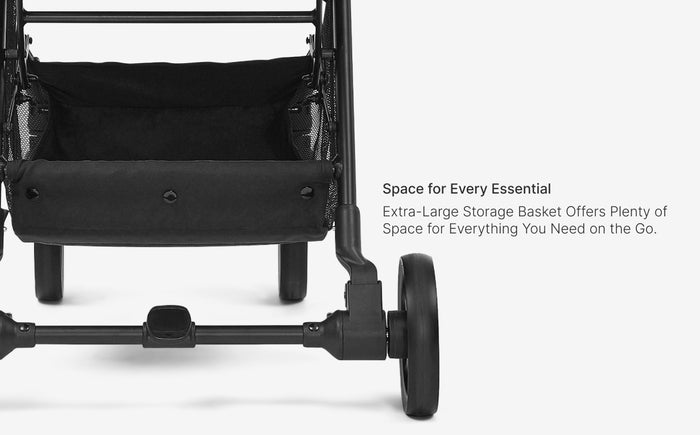 Black storage basket attached to a vehicle with text on a white background