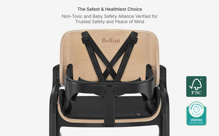 Baby high chair with safety straps and Bellini branding on a white background