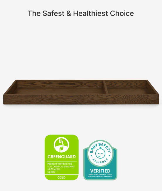 Wooden tray with GreenGuard Gold and Baby Safety Alliance verified badges on a white background