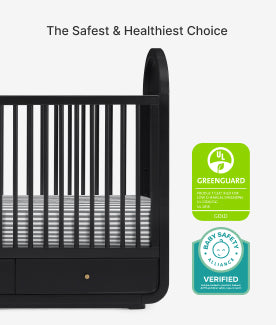 Black crib with GreenGuard and Baby Safe Plus Verified logos on a white background