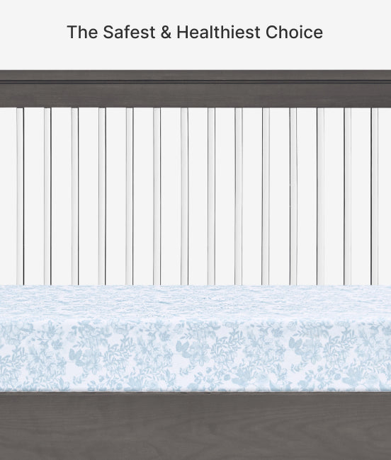 Crib bumper with text 'The Safest & Healthiest Choice' on a white background