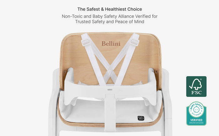 Baby high chair with safety straps and Bellini branding on a white background