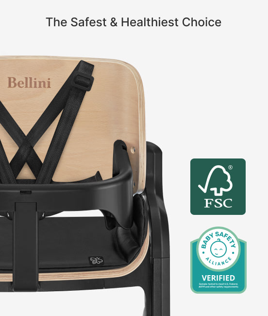 Child safety seat with 'Bellini' branding and FSC and Baby Safety Alliance verified badges on a white background.
