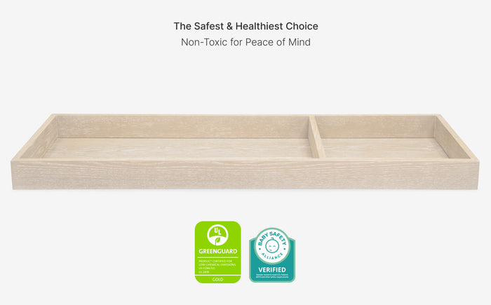 Wooden tray with CertiGreen safety certification badges on a white background