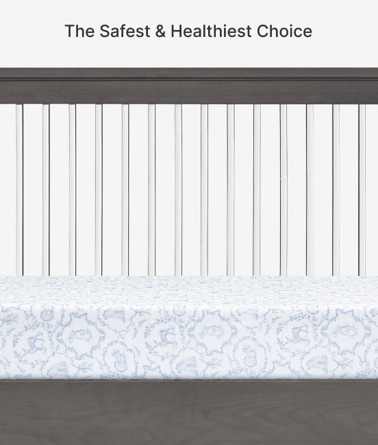 Crib bumper with text 'The Safest & Healthiest Choice' on a striped background