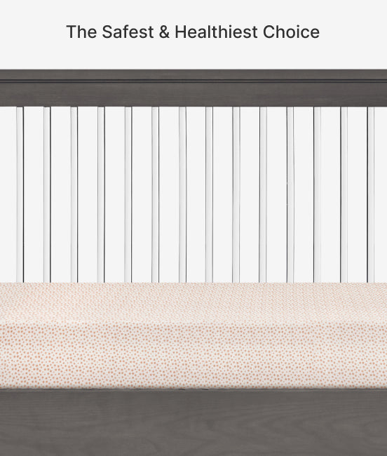 Crib with mattress and text 'The Safest & Healthiest Choice' on a white background