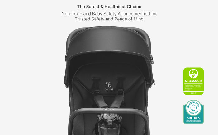 Black baby stroller with safety certification logos on a white background