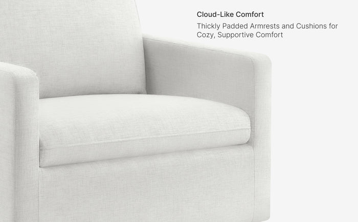 White armchair with text about cloud-like comfort