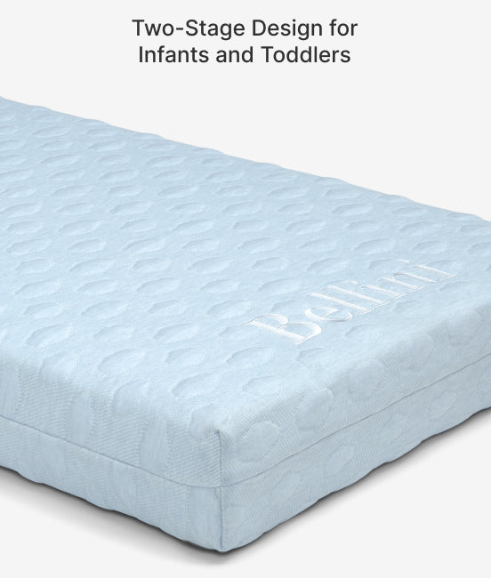 Blue crib mattress with 'Beberino' branding on a white background