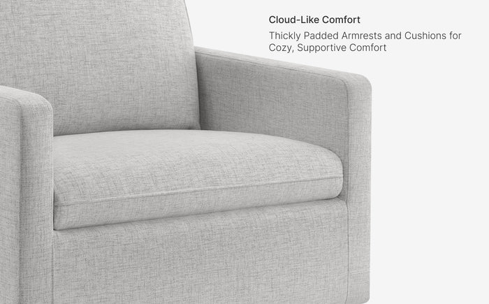 Gray armchair with text about cloud-like comfort and thick padding.