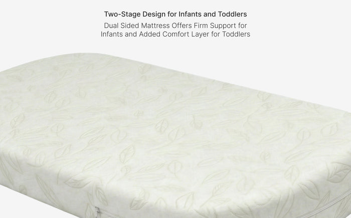White mattress with text about two-stage design for infants and toddlers on a white background