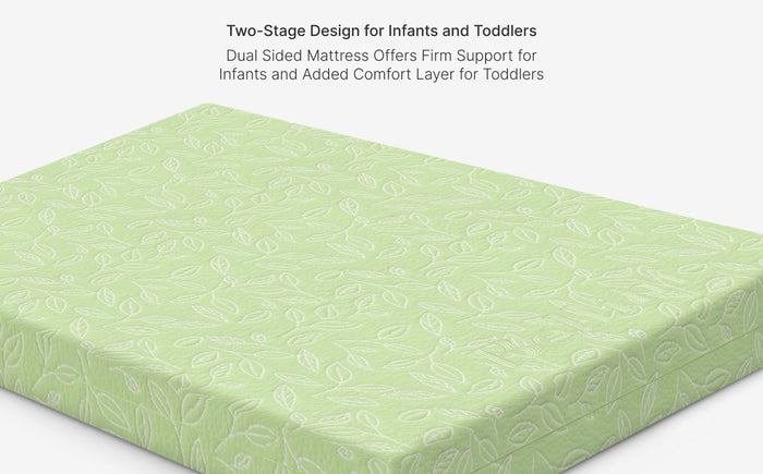 Green mattress with text about two-stage design for infants and toddlers on a white background