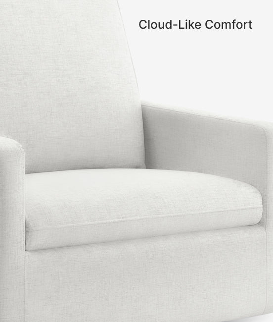Gray armchair with 'Cloud-Like Comfort' text on a white background