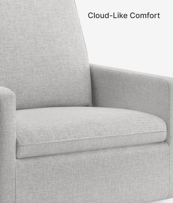 Gray armchair with 'Cloud-Like Comfort' text on a white background