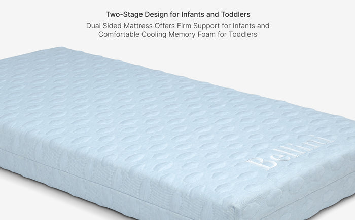 Blue mattress with text about two-stage design for infants and toddlers on a white background