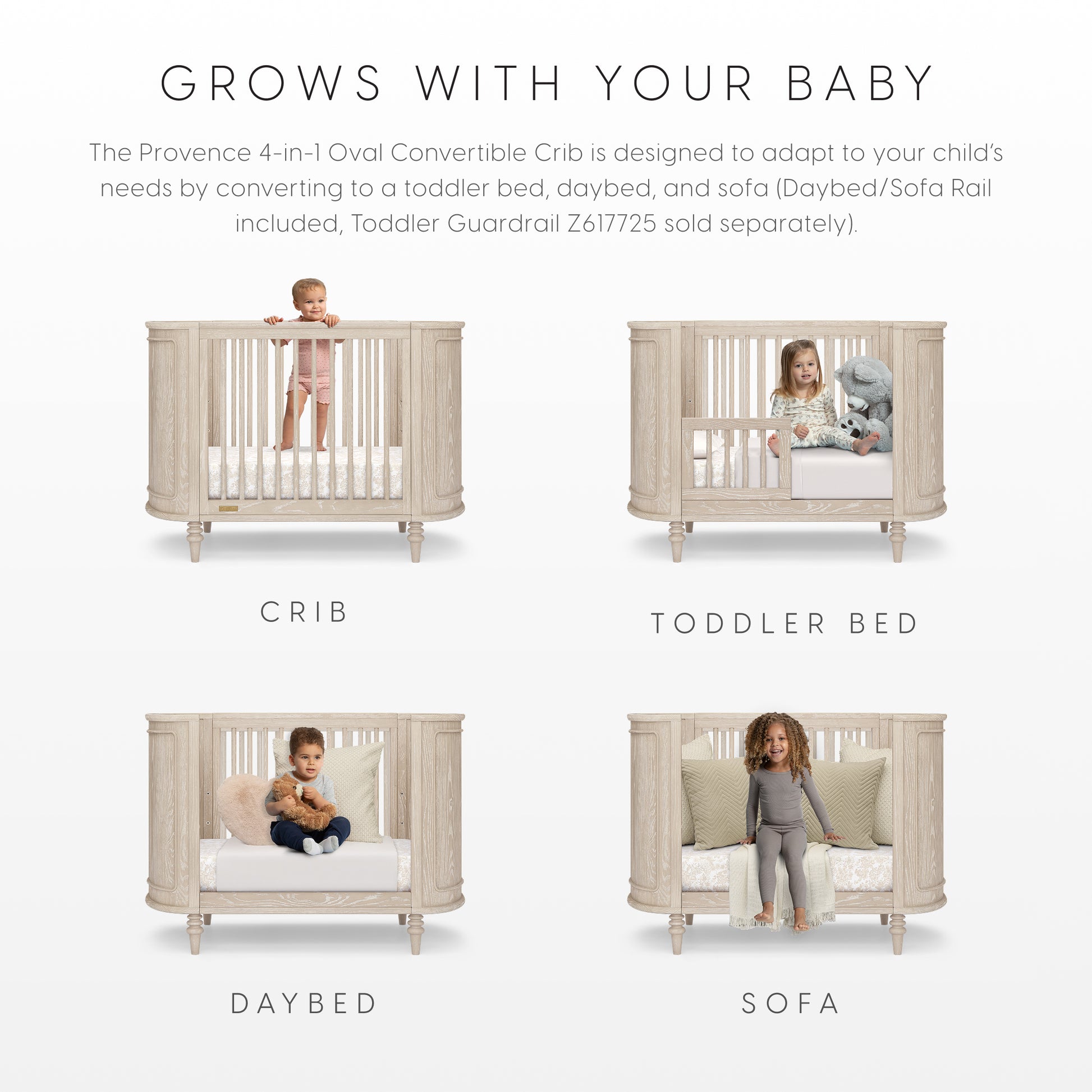 Provence 4-in-1 Oval Convertible Crib & Breathable Luxury Mattress - Whitewash Ash - Product image 4