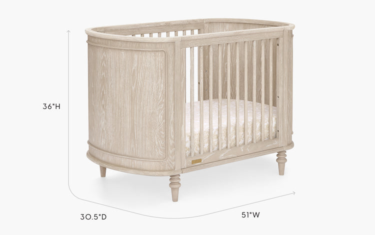 Wooden crib with dimensions labeled on a white background