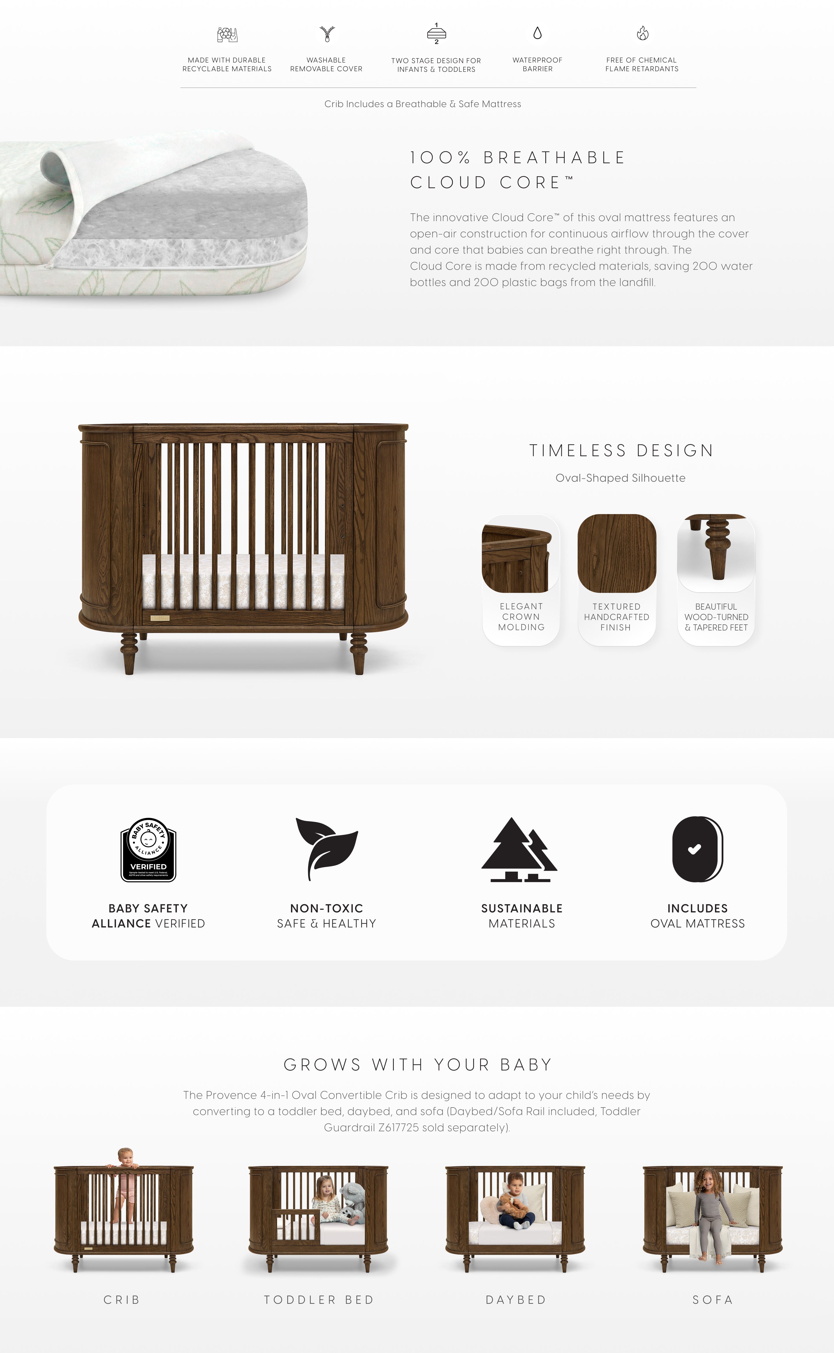 Baby furniture product page with crib, mattress, and other baby items on a white background.