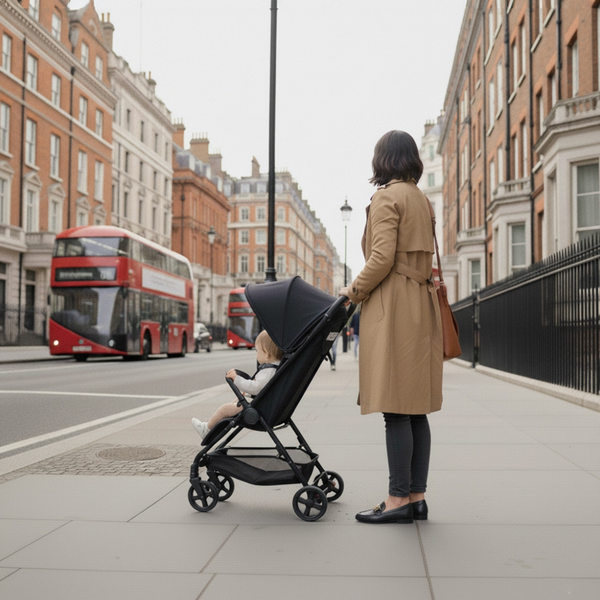 Woman pushing a stroller on a city street with double-decker buses in the background.