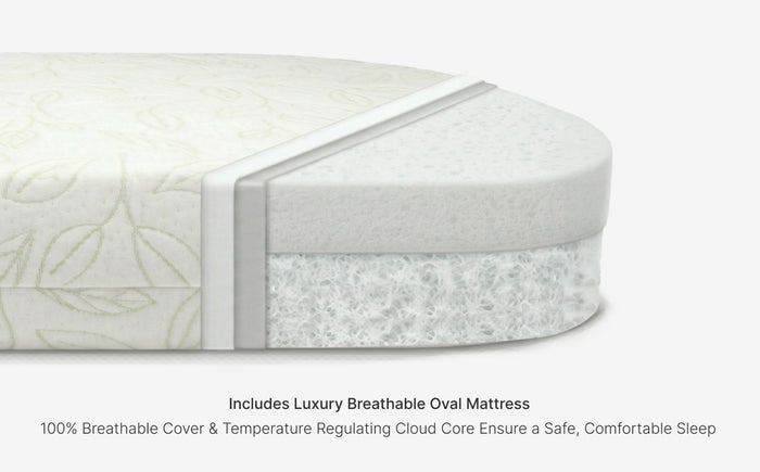White mattress with breathable cover and temperature regulating cloud core on a white background